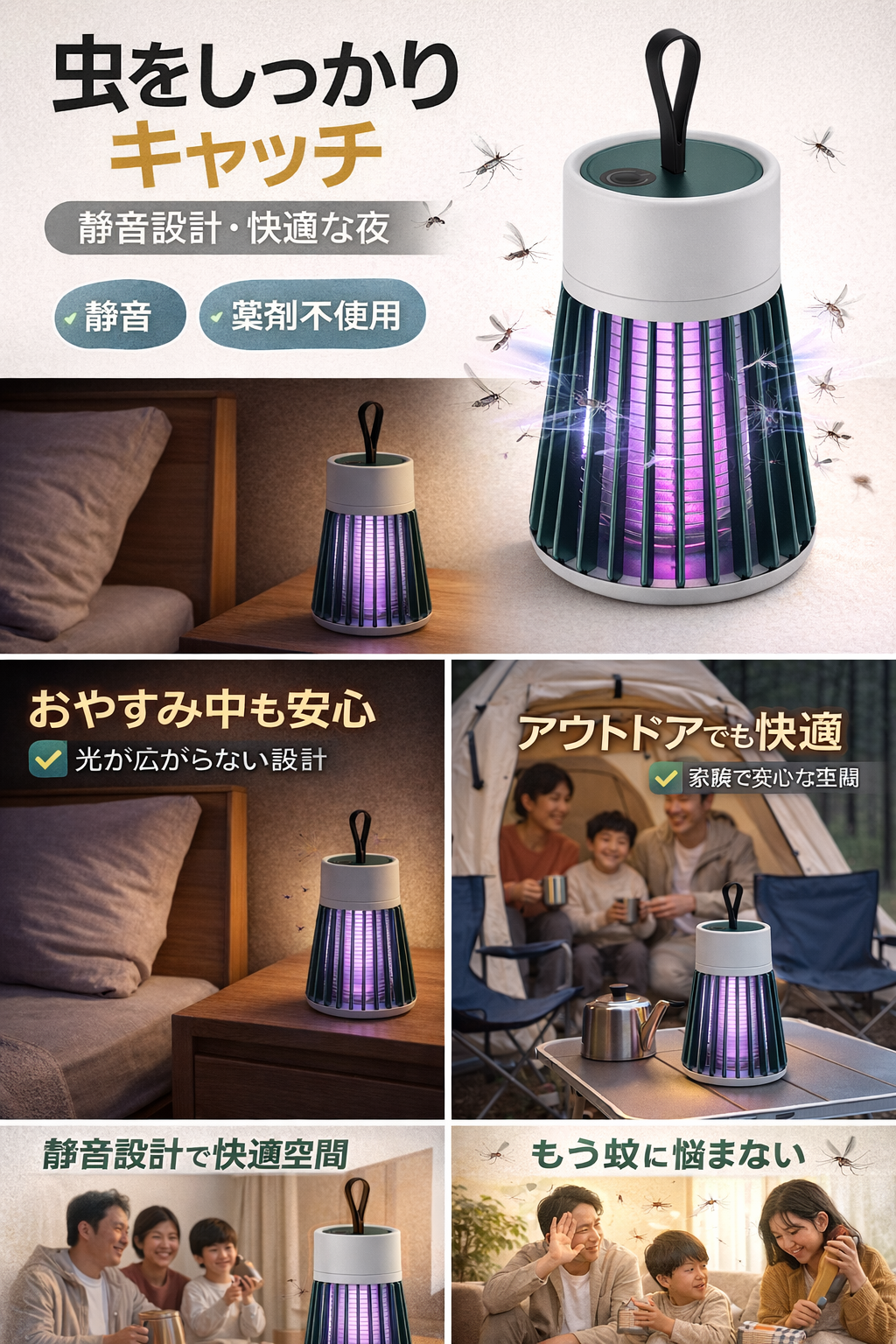 【薬剤不使用】虫よけランプ｜静音UVモスキートキャッチ｜赤ちゃん・妊婦も安心｜USB充電｜室内・アウトドア対応