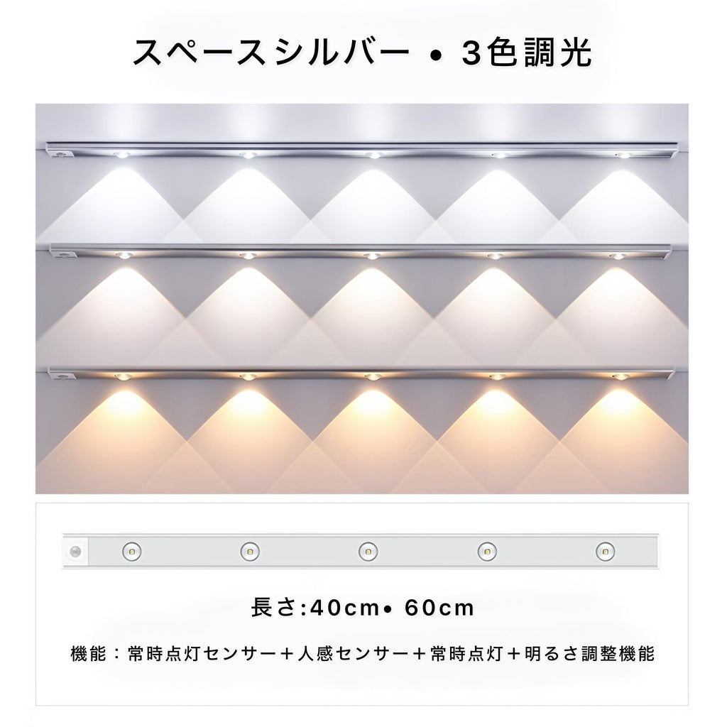 【人感センサーライト 】LED間接照明 充電式 タッチ操作 3色切替 無段階調光 クローゼットライト 壁掛け/マグネット式 工事不要 玄関・寝室・廊下・収納用 おしゃれインテリアライト
